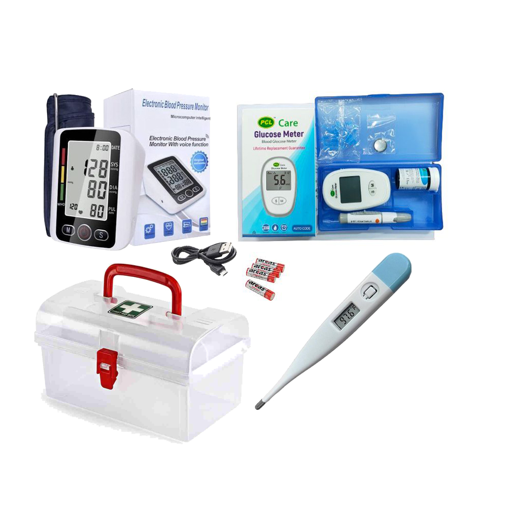 4 in 1 Medical Item ডাইবেটিস মাপারমেশিন+ব্লাড প্রেসার মাপার মেশিন+ডিজিটাল র্থামোমিটার+First aid box